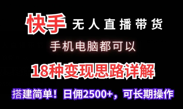 快手无人直播带货，手机电脑都可以，18种变现思路详解，搭建简单日佣2500+-网创空间