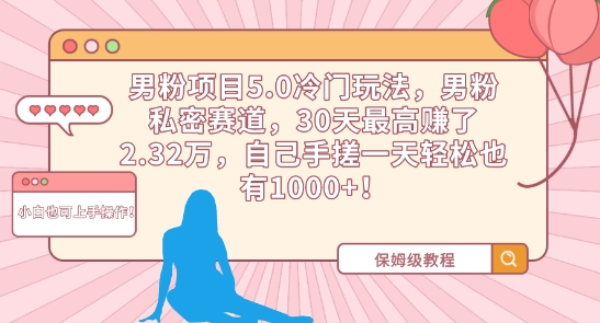 男粉项目5.0冷门玩法，男粉私密赛道，30天最高赚了2.32万，自己手搓一天轻松也有1000+-网创空间