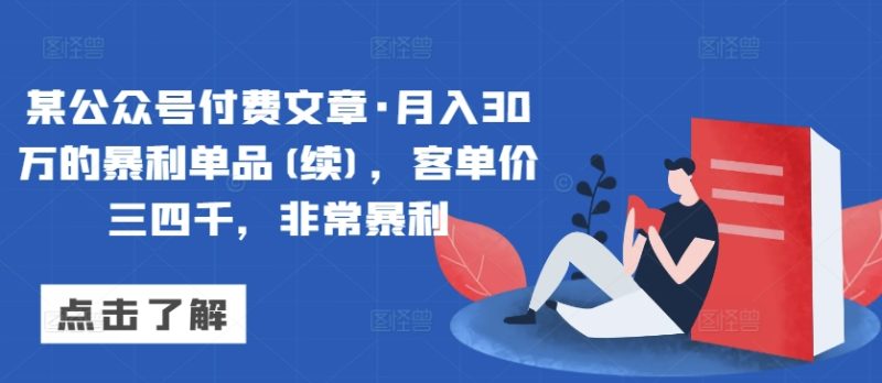某公众号付费文章·月入30万的暴利单品(续)，客单价三四千，非常暴利-网创空间