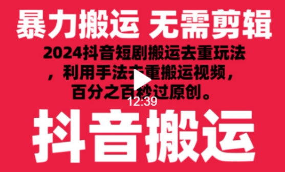 2024最新抖音搬运技术，抖音短剧视频去重，手法搬运，利用工具去重，达到秒过原创的效果-网创空间