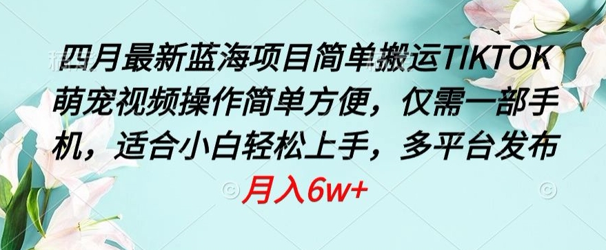 四月最新蓝海项目，简单搬运TIKTOK萌宠视频，操作简单方便，仅需一部手机-网创空间