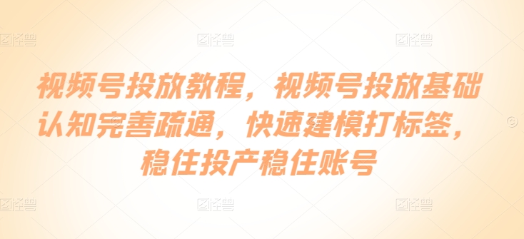 视频号投放教程，​视频号投放基础认知完善疏通，快速建模打标签，稳住投产稳住账号-网创空间