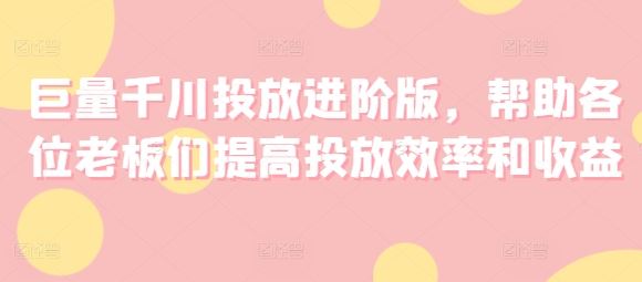 巨量千川投放进阶版，帮助各位老板们提高投放效率和收益-网创空间