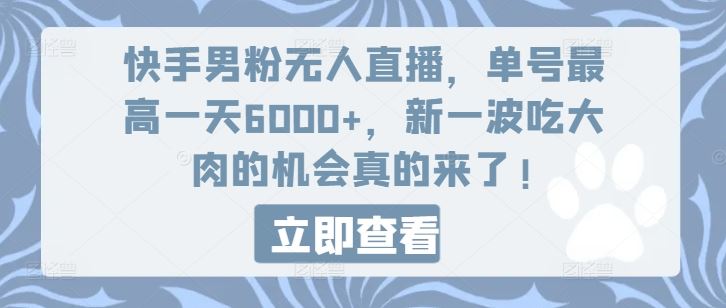 快手男粉无人直播，单号最高一天6000+，新一波吃大肉的机会真的来了-网创空间
