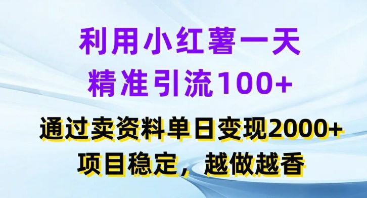 利用小红书一天精准引流100+，通过卖项目单日变现2k+，项目稳定，越做越香【揭秘】-网创空间