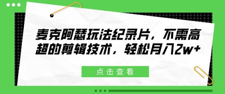 麦克阿瑟玩法纪录片，不需高超的剪辑技术，轻松月入2w+【揭秘】-网创空间