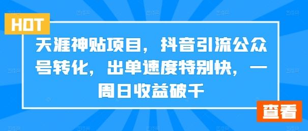 天涯神贴项目，抖音引流公众号转化，出单速度特别快，一周日收益破千-网创空间