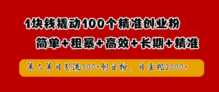 1块钱撬动100个精准创业粉，简单粗暴高效长期精准，单人单日引流500+创业粉，日变现2k【揭秘】-网创空间
