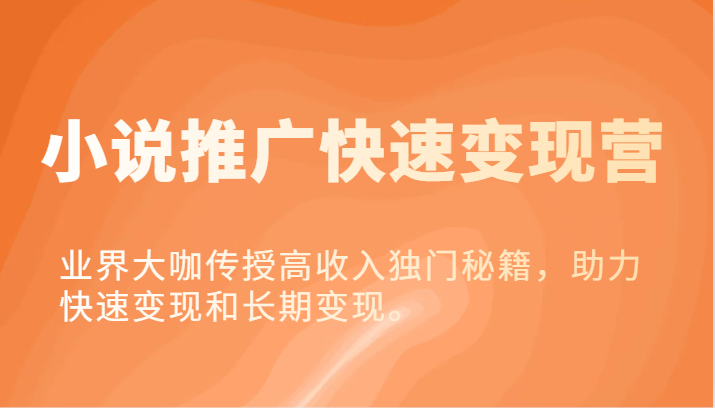 小说推广快速变现营-业界大咖传授高收入独门秘籍，助力快速变现和长期变现。-网创空间