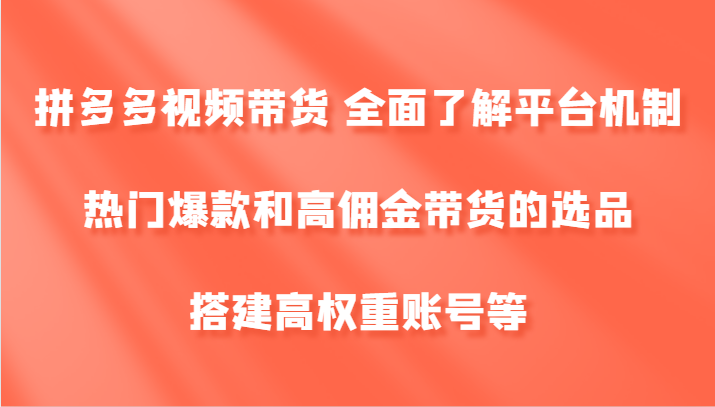 拼多多视频带货 全面了解平台机制、热门爆款和高佣金带货的选品，搭建高权重账号等-网创空间