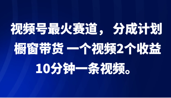 视频号最火赛道， 分成计划， 橱窗带货，一个视频2个收益，10分钟一条视频。-网创空间