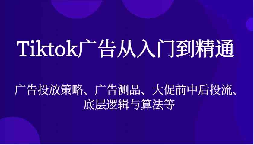 Tiktok广告从入门到精通，广告投放策略、广告测品、大促前中后投流、底层逻辑与算法等-网创空间