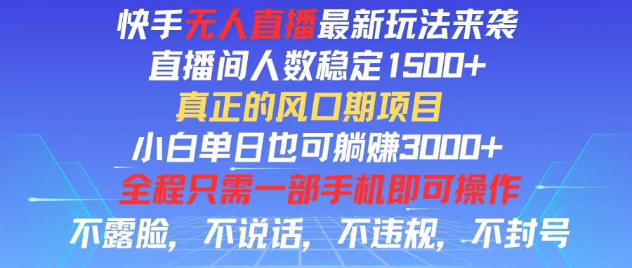 （11792期）快手无人直播全新玩法，直播间人数稳定1500+，小白单日也可躺赚3000+，…-网创空间