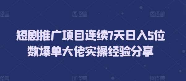 短剧推广项目连续7天日入5位数爆单大佬实操经验分享-网创空间