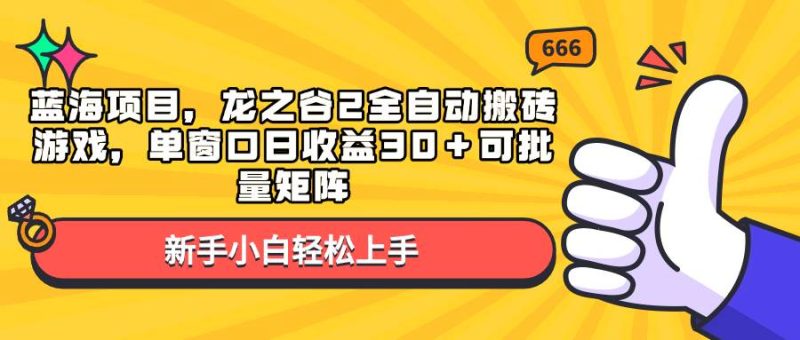 （13769期）蓝海项目，龙之谷2全自动搬砖游戏，单窗口日收益30＋可批量矩阵-网创空间