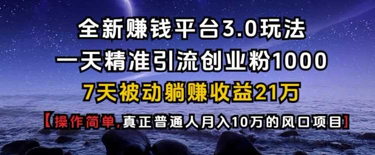 全新赚钱平台3.0玩法一天精准引流创业粉1000.7天被动躺Z收益21W【仅揭秘】-网创空间