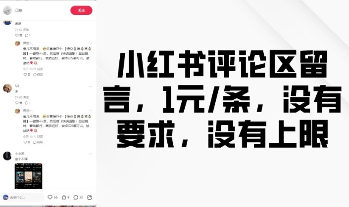 小红书评论区留言，1元条，没有要求，没有上限-网创空间